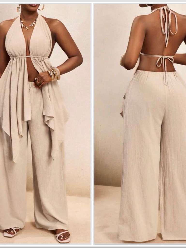 Women’s Cream Halter Jumpsuit Wide-Leg Pants